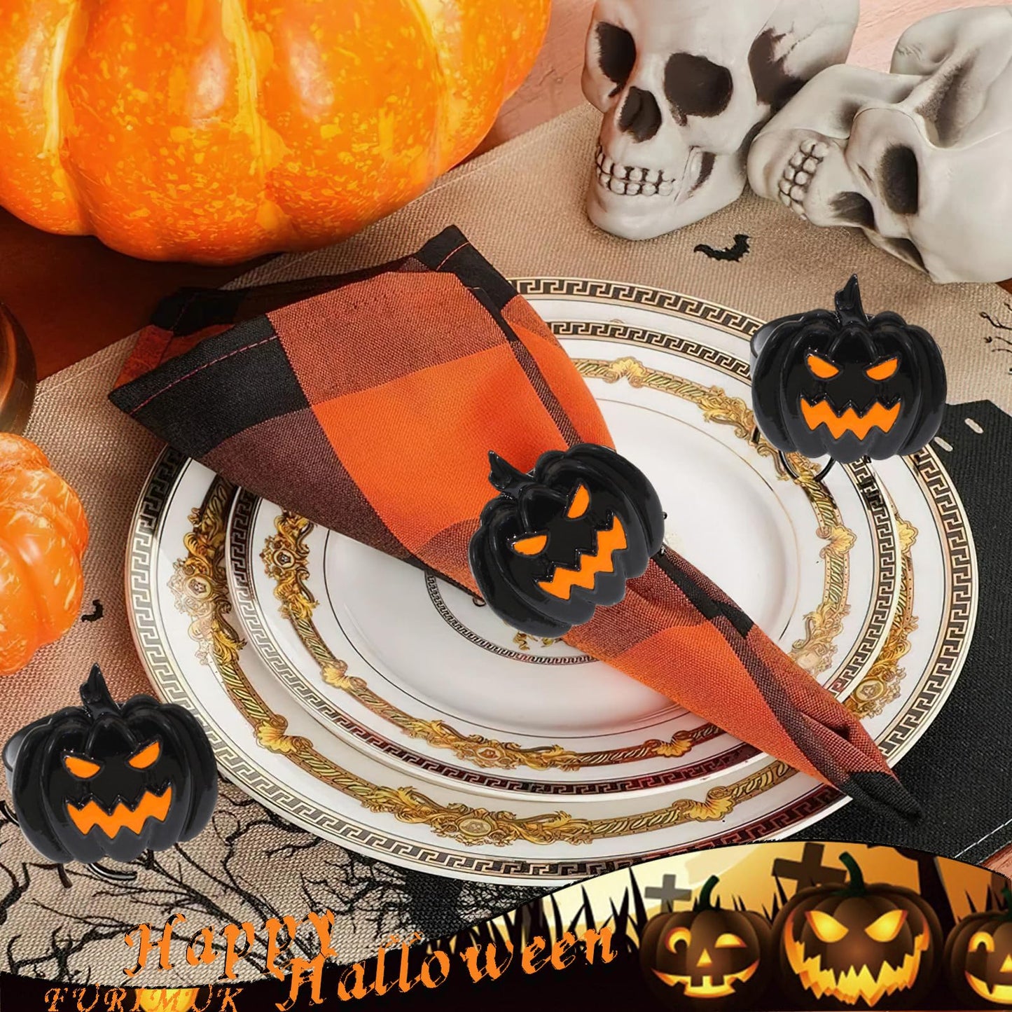 6 Pcs Halloween Napkin Rings Set Pumpkin Napkin Ring Holders Black Spooky Metal Alloy Serviette Buckles for Halloween Kitchen Dinner Table Party Decorations