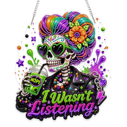 Eiflow Acrylic Diamond Art Hanging Kit for Adults DIY Skeleton Lady Diamonds Painting Door Hanger Pendant Kit, Special Crystal Diamond Art Painting Window Wall Hanging Ornament (I Wasn't Listening)
