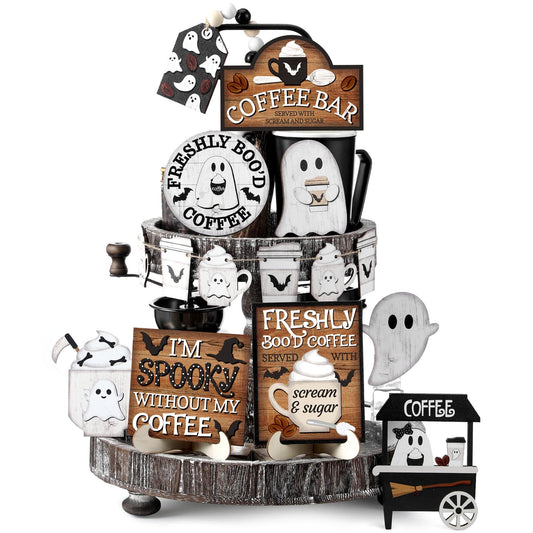 Wonderjune 19 Pcs Halloween Coffee Tiered Tray Decor Rustic Ghost Coffee Bar Table Decor Black and White Spooky Mini Wooden Signs Farmhouse Halloween Decorations for Home Table Office Party Supplies