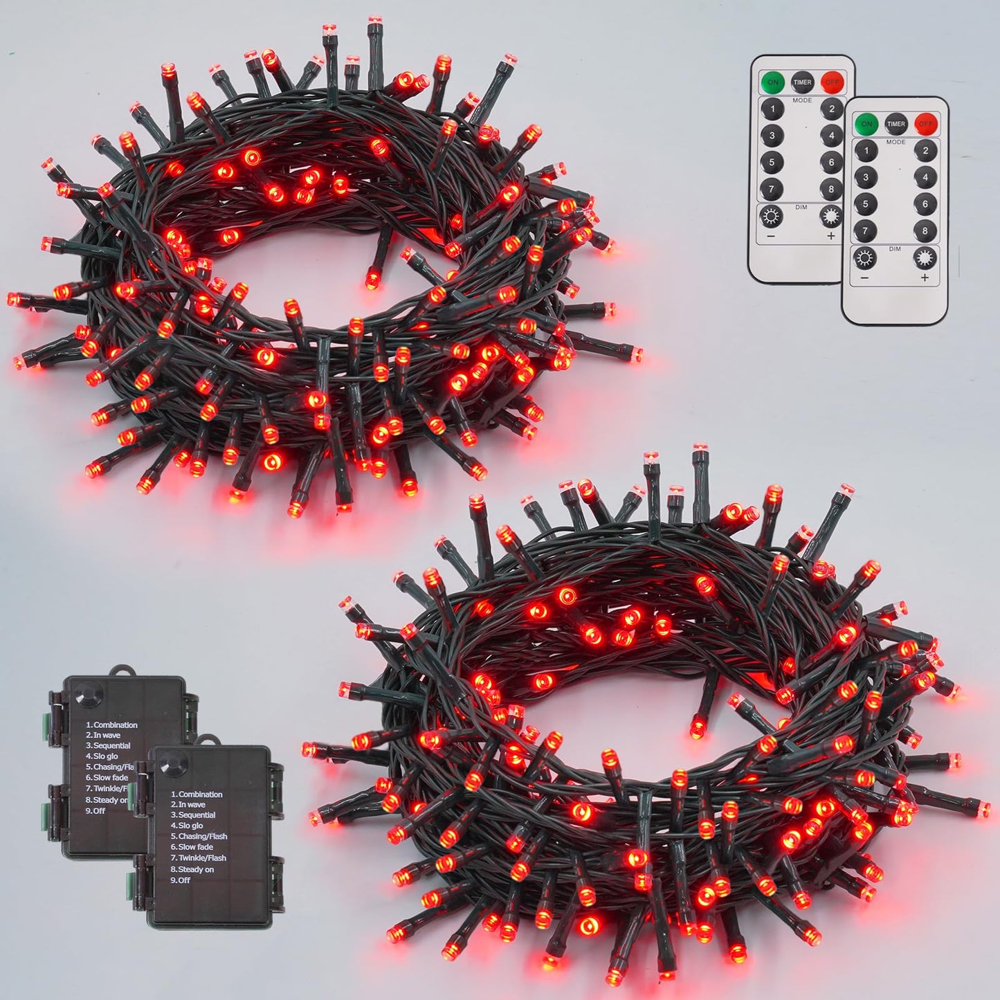 YEGUO String Lights Battery Operated, 2 Pack Each 33ft 100 LED Red Halloween Lights Outdoor Waterproof, Green Wire Christmas Light Indoor with Remote