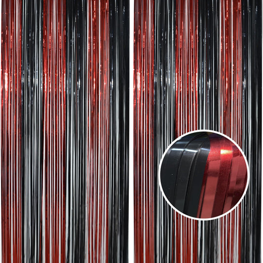 BRAVESHINE Tinsel Photo Backdrop Curtains - 2 Pack 3.2x8.2ft Black Red Foil Fringe Streamer Curtain for Graduation/Stranger/Men/Birthday/Bachelorette/Anniversary/Home/Office/Indoor/Outdoor Decorations