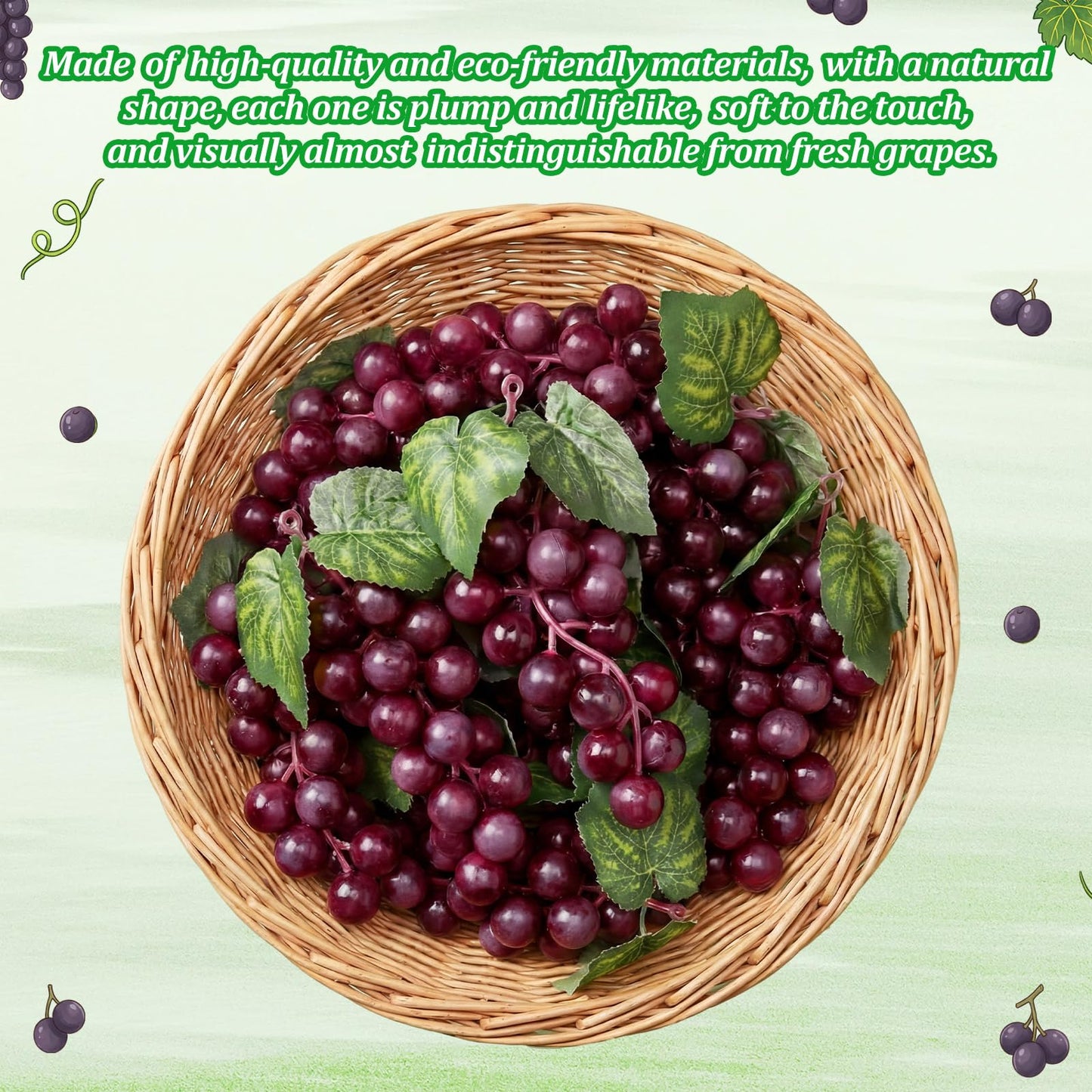 Wavyknot 24 Pcs Artificial Grape Rubber Fake Grapes Bunches with Vines Leaves Faux Lifelike Fruits Ornament for Wedding Outdoor Decoration Garden Home(Purple)