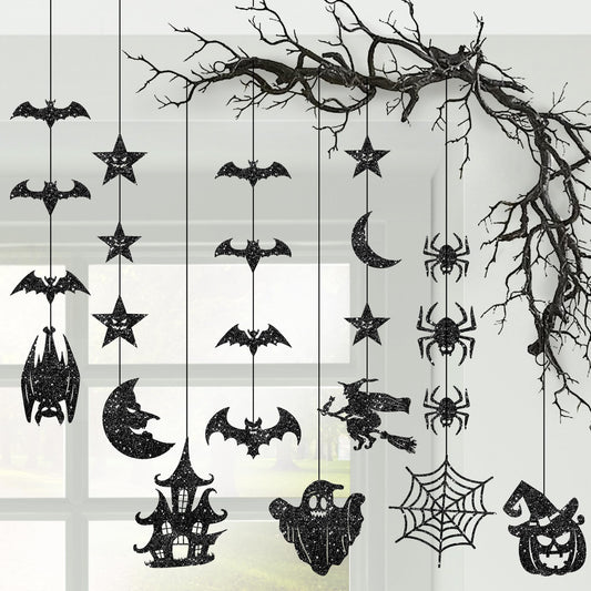 KatchOn, Glitter Black Halloween Garland - Huge, Pack of 10 | Halloween Party Decor Garland with Ghost, Witch, Skull, Raven, Pumpkin & Tree Cutouts | Spooky Party Hanging Decoration