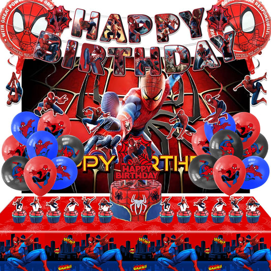 Spider Birthday Decorations, Party Supplies Set Include Banner, Backdrop, Balloons, Hanging Swirls, Cake Cupcake Toppers, Tablecloth for Boys Girls Spider Theme Party