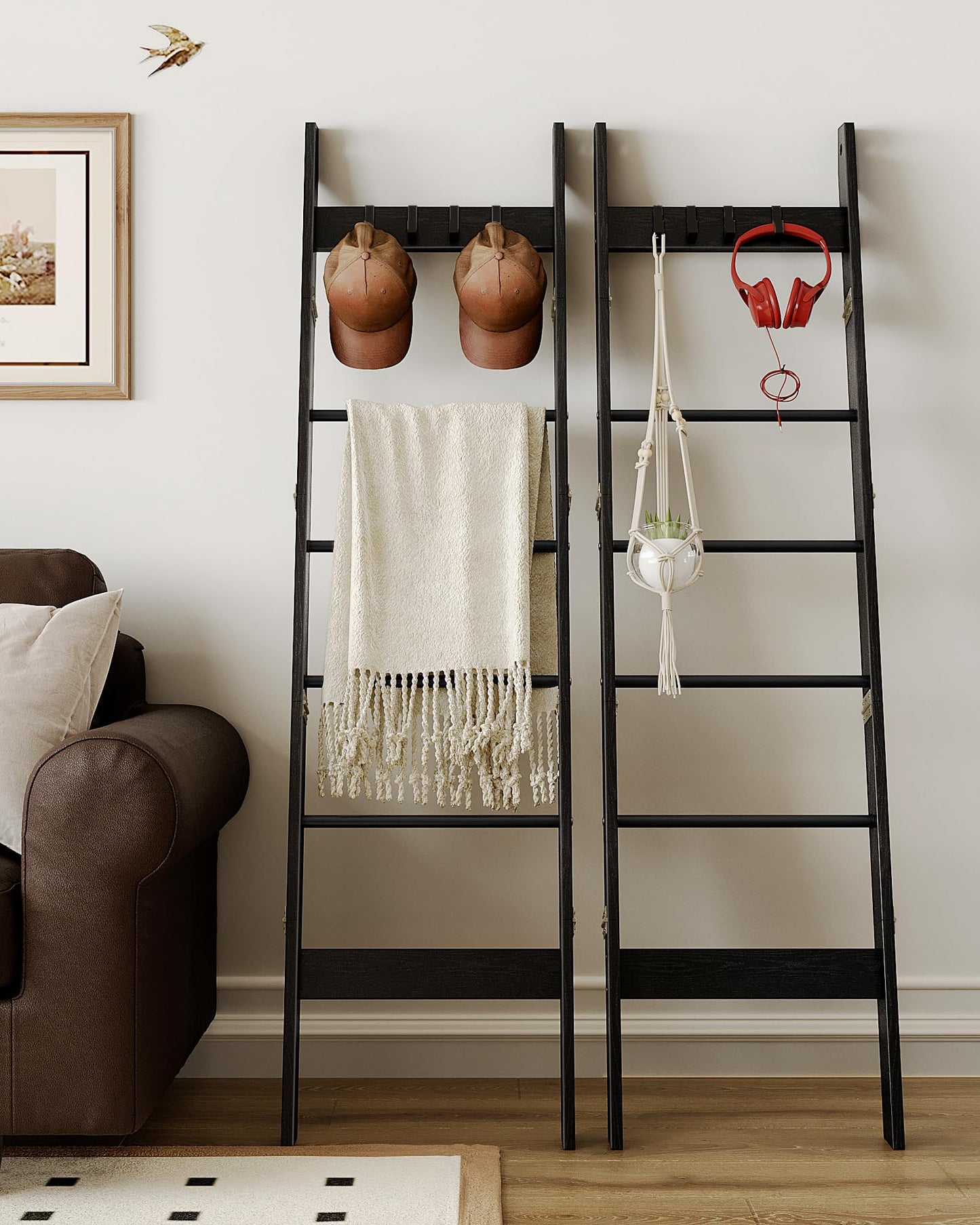 Hzuaneri Blanket Ladder for Living Room, Decorative Quilt Rack with 4 Removable Hooks, 6-Tier Farmhouse Ladder Holder Shelf Organizer for Bedroom, Black BR31504B