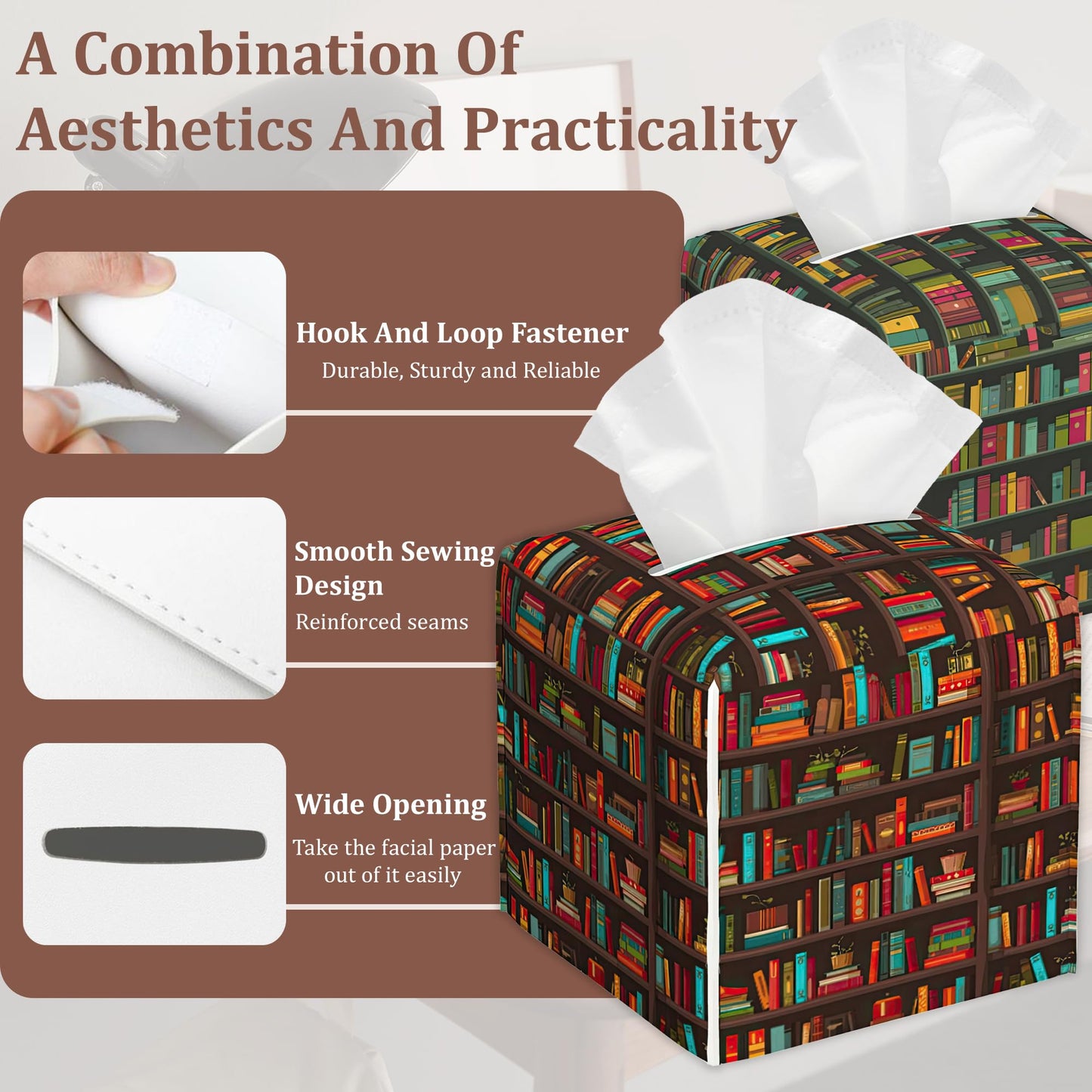 Bookshelves Full of Books Tissue Box Cover 2Pcs PU Leather Tissue Box Holder for Home, Square Tissue Holder for Harvest Autumn Season Halloween Thanksgiving Gift