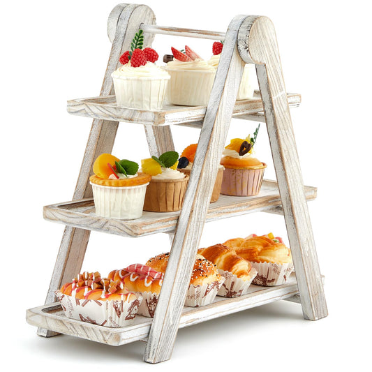 Beeveer Cupcake Stand Wooden 3 Tier Serving Tray Tiered Tray Stand Serving Trays Platters Tiered Wooden Three Tiered Ladder Cake Stand for Party Wedding Christmas Fruit Dessert Display Tray Decorative