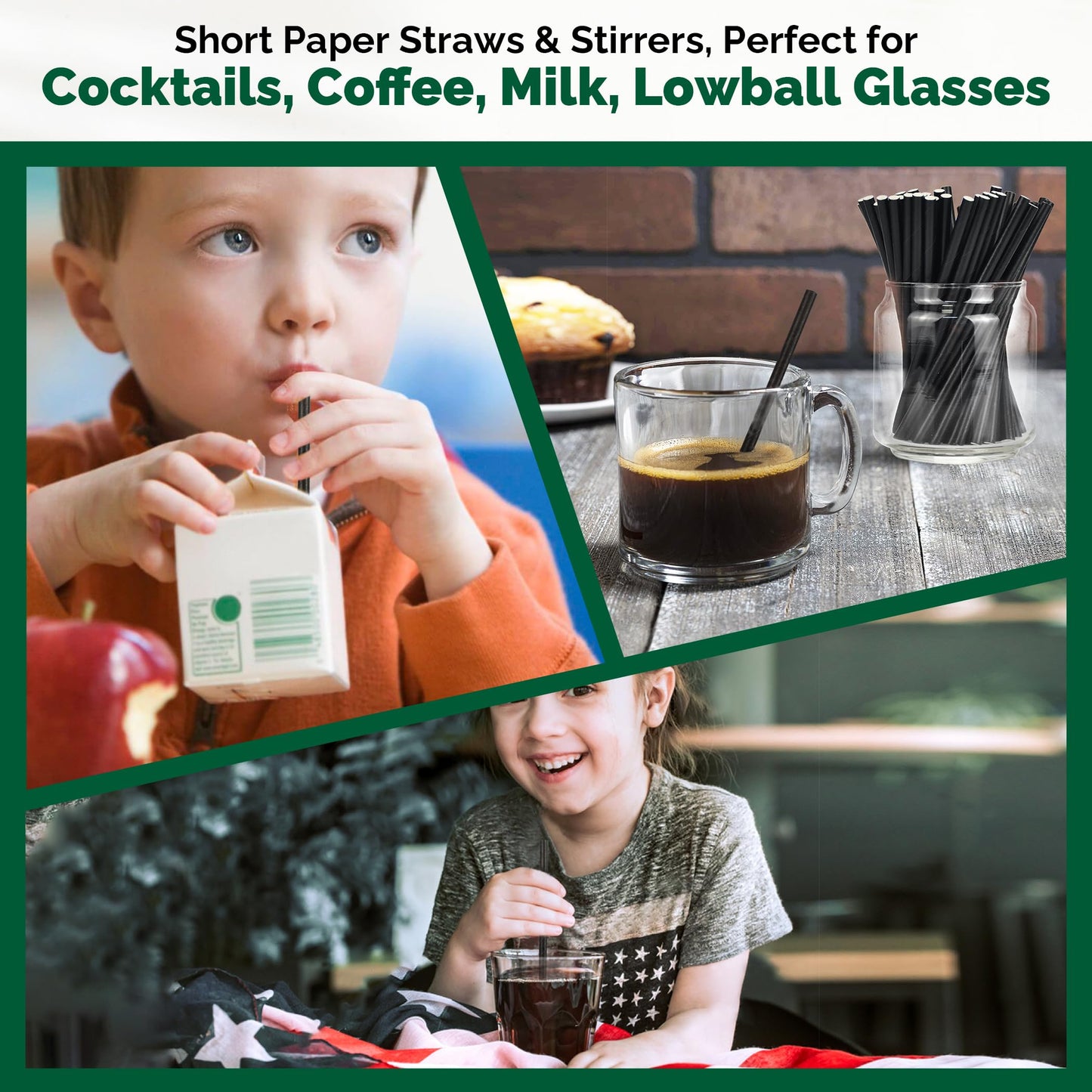[500 Bulk] 5.75 inch Black Short Paper Straws, Stir Straws for Cocktail, Coffee, Mixed Drinks - Home, Bar and Restaurant Straws - 100% Biodegradable