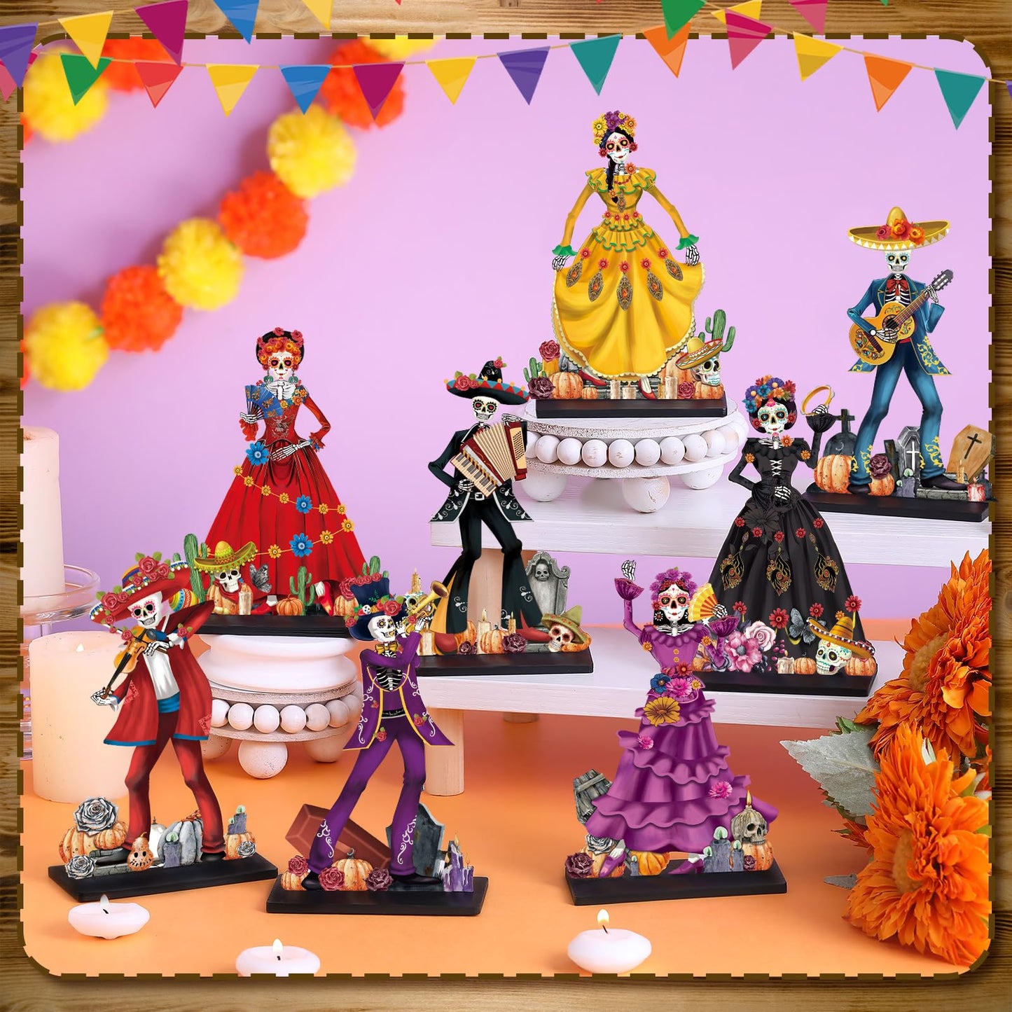 Amyhill 8 Pcs Day of The Dead Table Decorations Dia De Los Muertos Altar Wooden Centerpiece Dancing Couple Sugar Skull Decor Day of The Dead Decor Mexican Tabletop Detachable Sign for Halloween Party