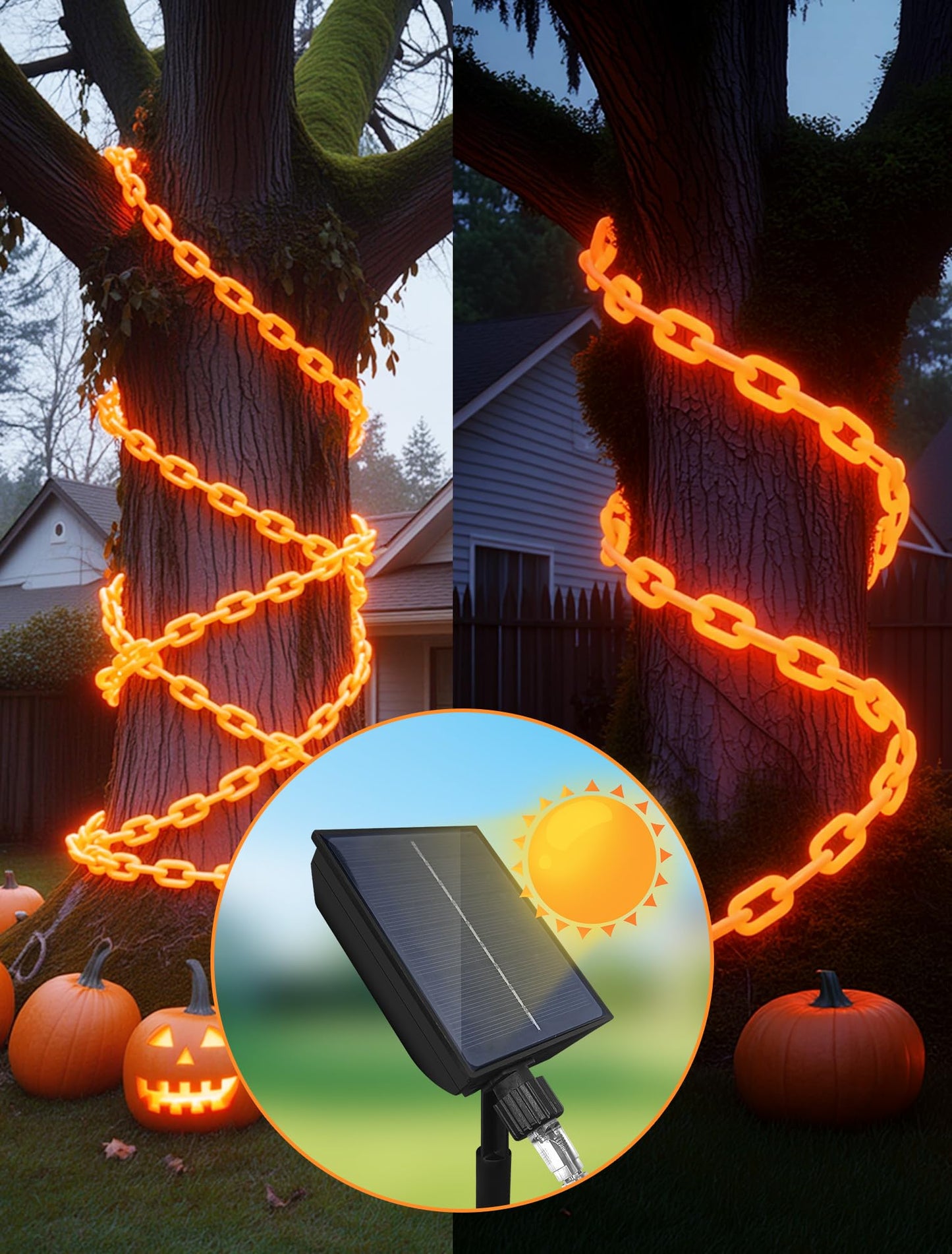 Solar Halloween Decoration String Lights,10.5 FT 175LED Orange Plastic Chain Light with Memory Timer,Waterproof Solar Halloween Light for Yard,Haunted House,Skeleton Dog, Porch,Costume,Spooky,Party