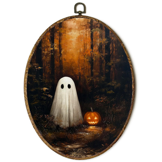 FSTCSV Vintage Halloween Ghost Oval Wall Art Framed, Dark Academia Ghost Forest Canvas Prints Wall Hanging Art, Rustic Spooky Autumn Fall Halloween Oval Walls Decor for Home Living Room, 8.8x11.5in