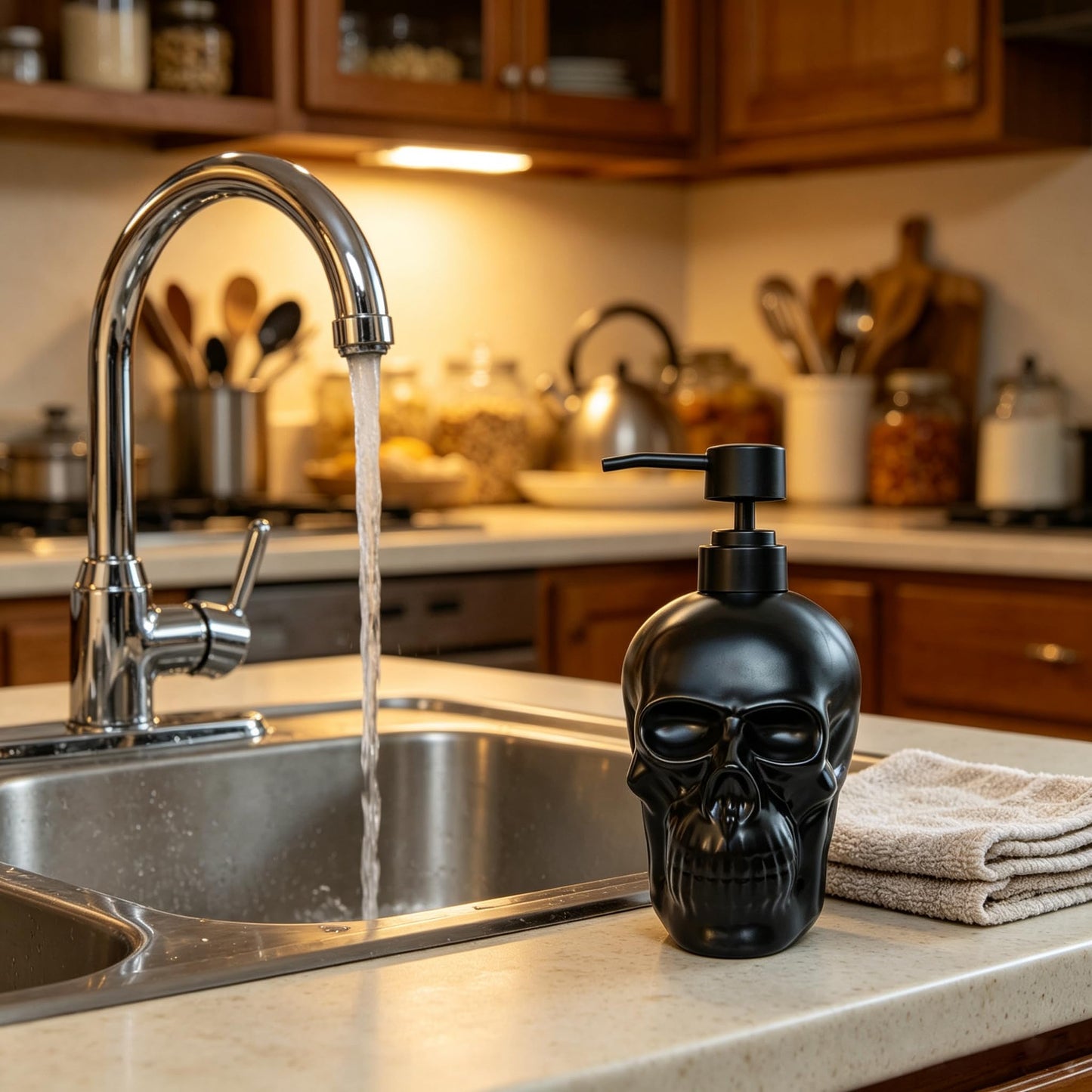 Caahanjia Ceramic Skull Soap Dispenser, Refillable Halloween Liquid Hand Soap Dispenser for Bathroom and Kitchen, Halloween Skull - Black