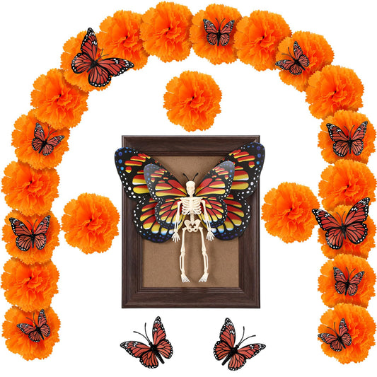 Simgoing 55 Pcs Day of The Dead Altar Decor Kit Dia De Los Muertos Ofrendas Wall Decorations 40 Marigold Flowers, 13 Monarch Butterfly, Skeleton, Photo Frame Indian Diwali Altar Remembrance Supplies