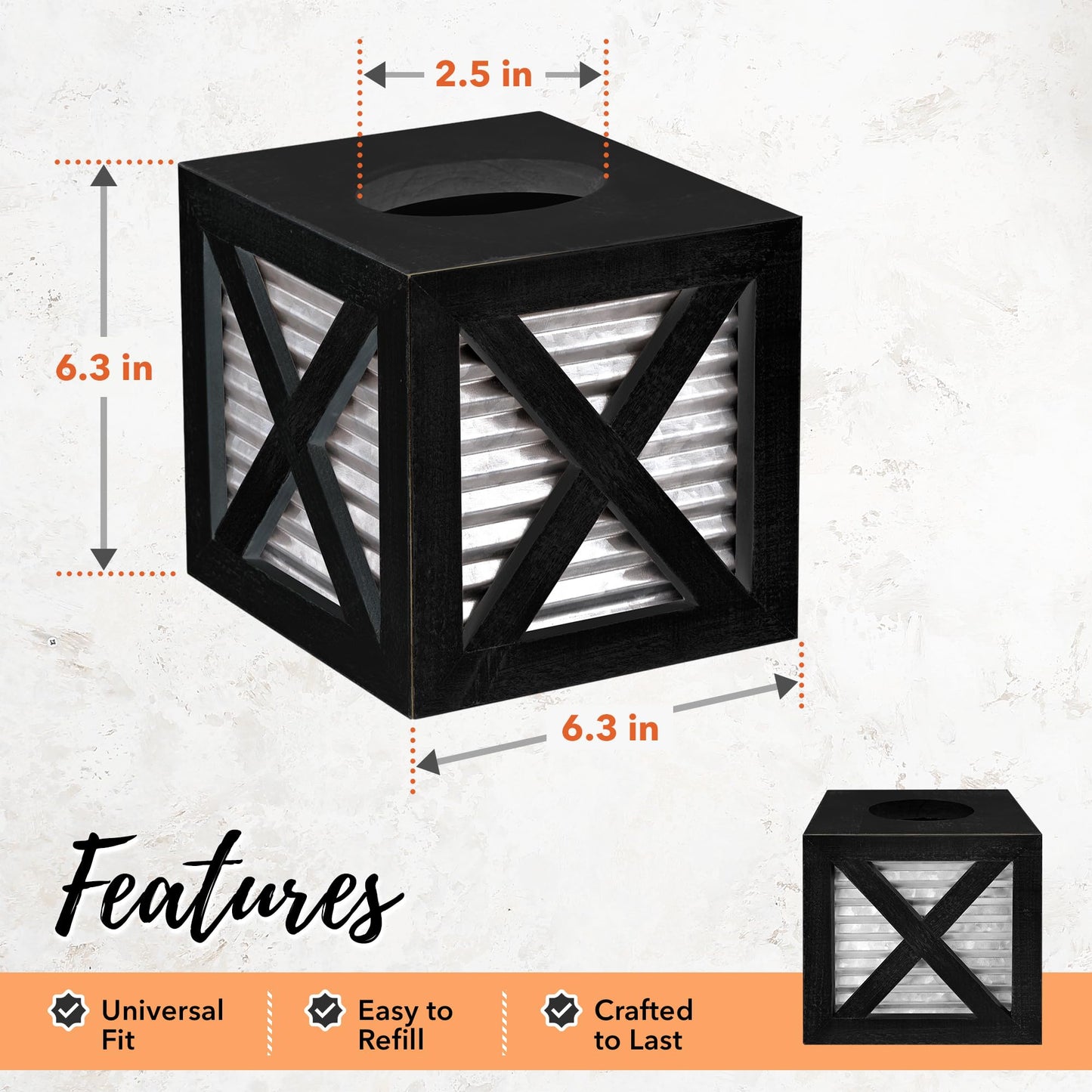 Autumn Alley Barn Door Square Farmhouse Tissue Box Cover in Black and Galvanized – Farmhouse Bathroom Accessories – Rustic Bathroom Décor Tissue Holder | Wood Galvanized Tissue Box Cover