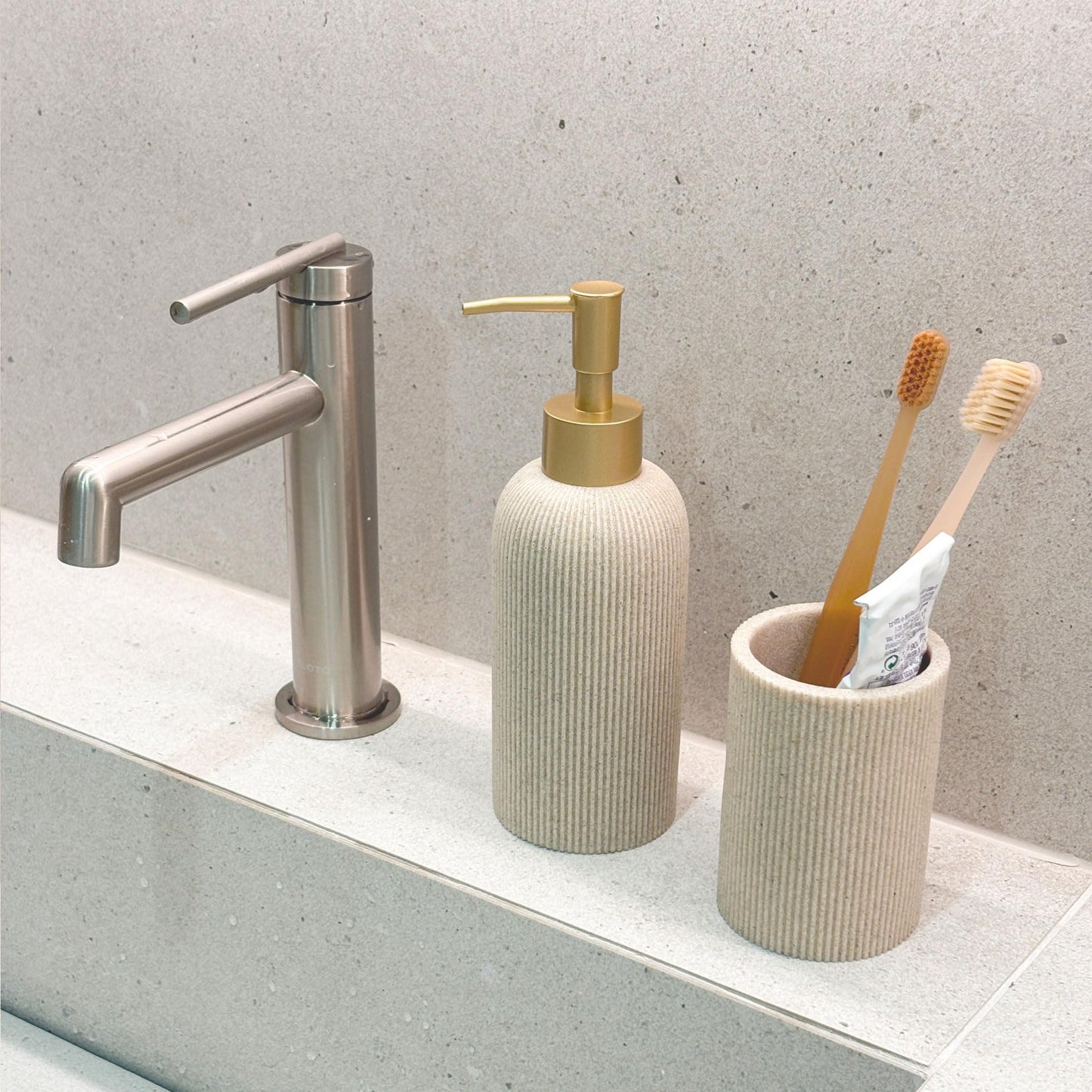 Sand Beige Hand Soap Dispenser with Matte Gold Pump, 7 oz