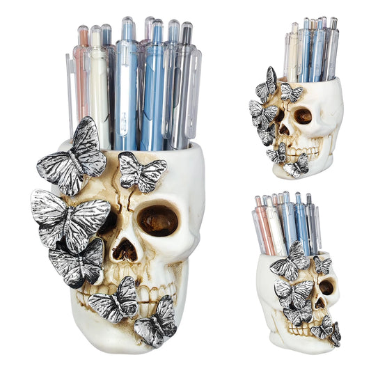 DAECHAO Skull Pen Holder Desk Organizer, Halloween Decor Skull Pencil Cup for Office Home School, Compact Gothic Desk Accessories Gift for Skull Lovers