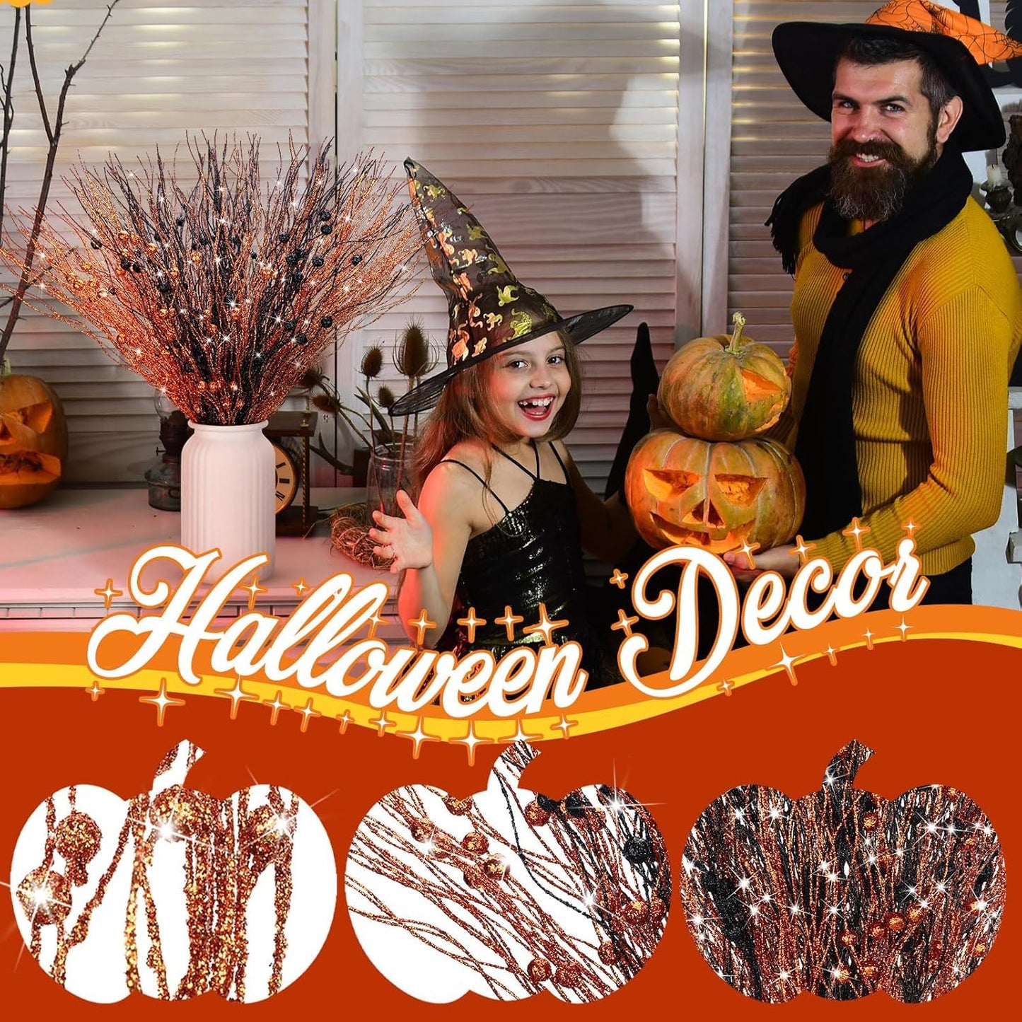 Giegxin 32 Pack Halloween Black Orange Artificial Glitter Berry Stem, 17 Inches Fall Thanksgiving Floral Picks Branches for Halloween Autumn Holiday Vase Filler Home Table Centerpieces DIY Decoration