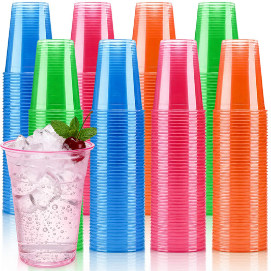Pumtus 200 Pack Plastic Neon Cups, 16 OZ Disposable Black Light Party Glow Cups, Assorted Neon Color Tumbler, Cold Drinking Light Up Cup for Rave Party, Carnivals, Christmas Thanksgiving Halloween