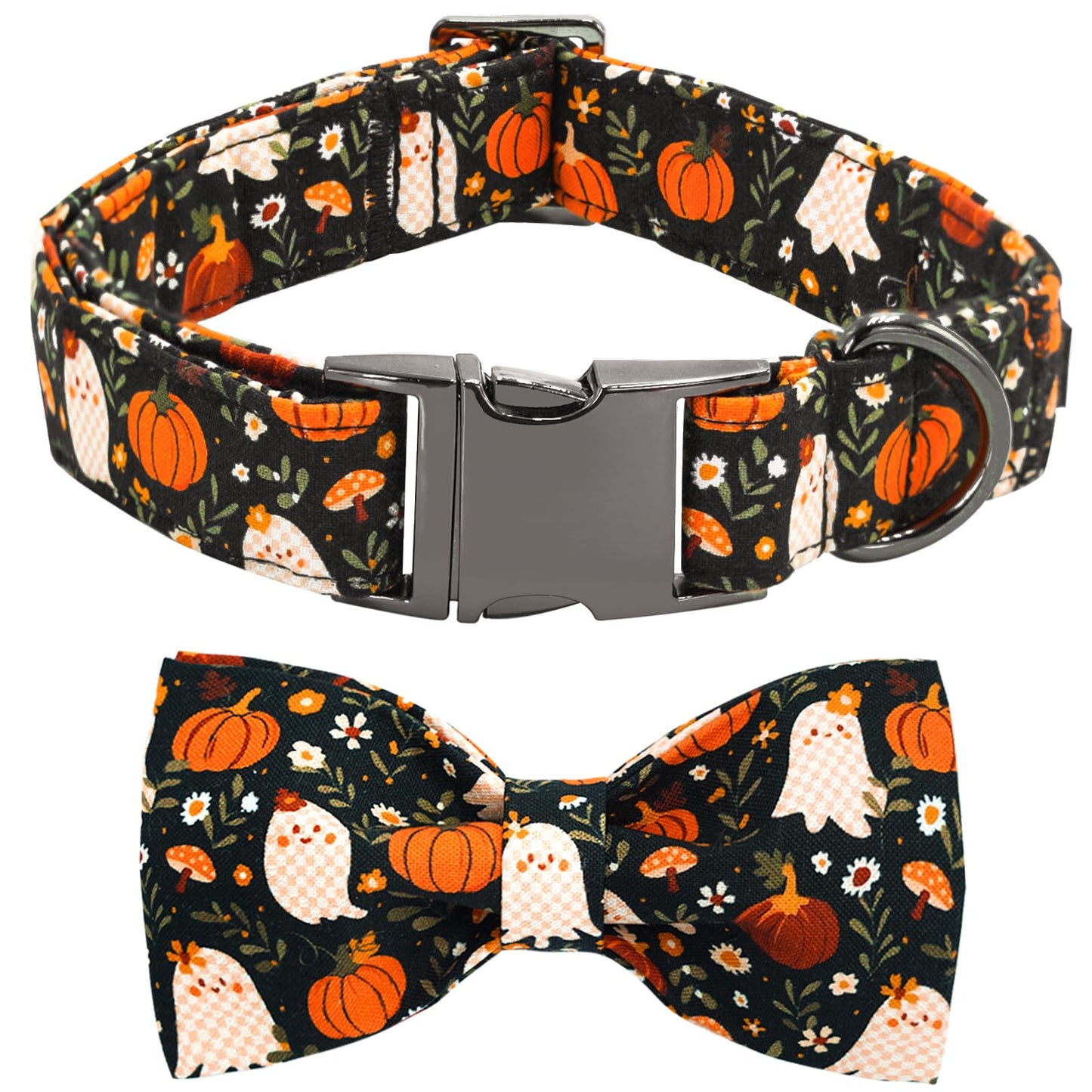 Bobo Rainbow Halloween Dog Collar, Ghost Print Adjustable Pet Collar Fall Pumpkin Cute Cotton Soft Collars with Bow Tie Fall Metal Buckle Holiday Puppy Collars Boy&Girl Gift for X-Small Dogs