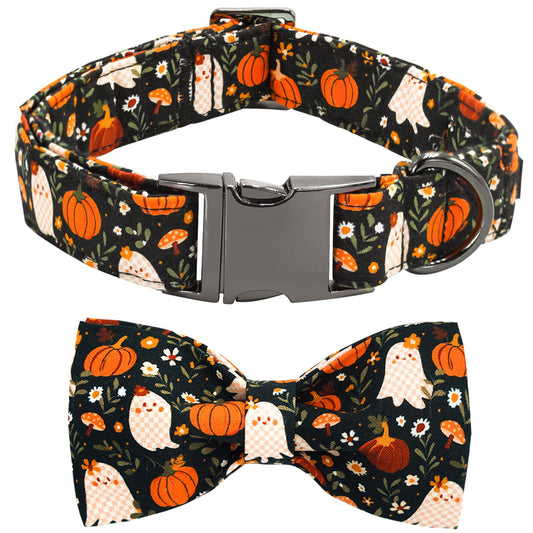 Bobo Rainbow Halloween Dog Collar, Ghost Print Adjustable Pet Collar Fall Pumpkin Cute Cotton Soft Collars with Bow Tie Fall Metal Buckle Holiday Puppy Collars Boy&Girl Gift for X-Small Dogs