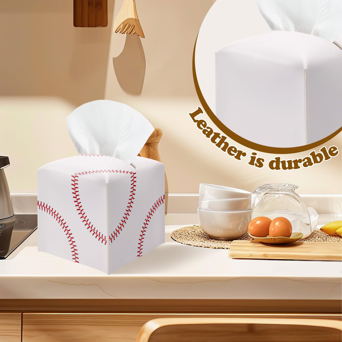 Baseball Tissue Box Cover, PU Leather Square Leather Tissue Box Cover, Decorative acial Paper Organizer for Bathroom, Home Office Car Decorations