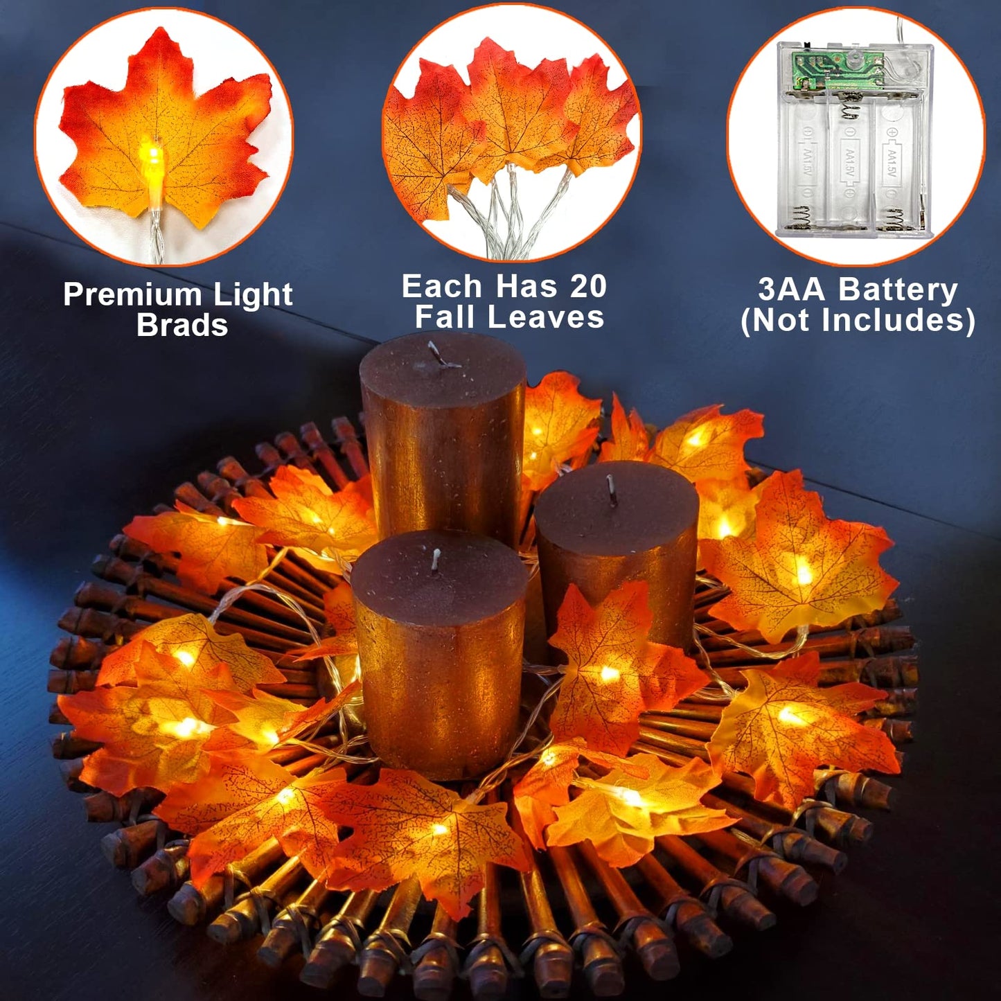 TURNMEON 2 Pack Fall Decor Enlarged Maples Leaves Lights Total 20Ft 40LED
