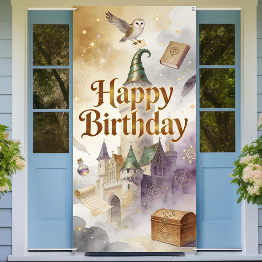 Wizard Birthday Party Decorations Door Backdrop, 6x3ft Witch Theme Banner, Fantasy Magic Party Photo Backdrop for Girls Boys Birthday