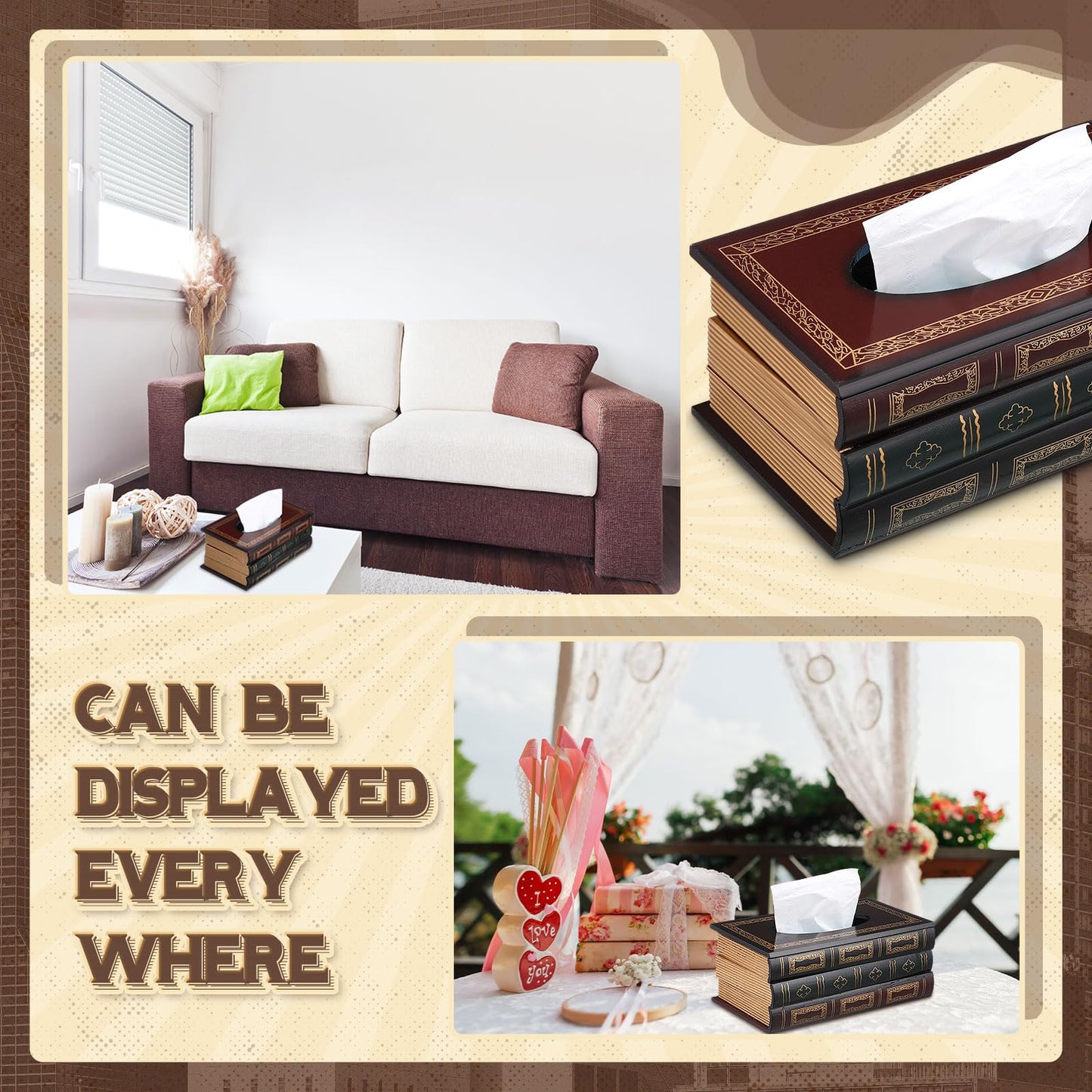 Teenyyou 2 Pcs Wooden Retro Book Tissue Box Cover Antique Tissue Box Cover Rectangular Classical Novelty Toilet Paper Holder Dispenser Medieval Home Decor for Bathroom Living Room Office Car Kitchen