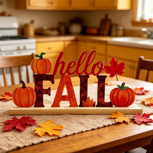 LianheCy Hello Fall Metal Sign with Wooden Base Freestanding Rustic Pumpkin Tabletop Decor Tiered Tray Centerpiece Autumn Decorations for Home Mantel Shelf Fireplace Office