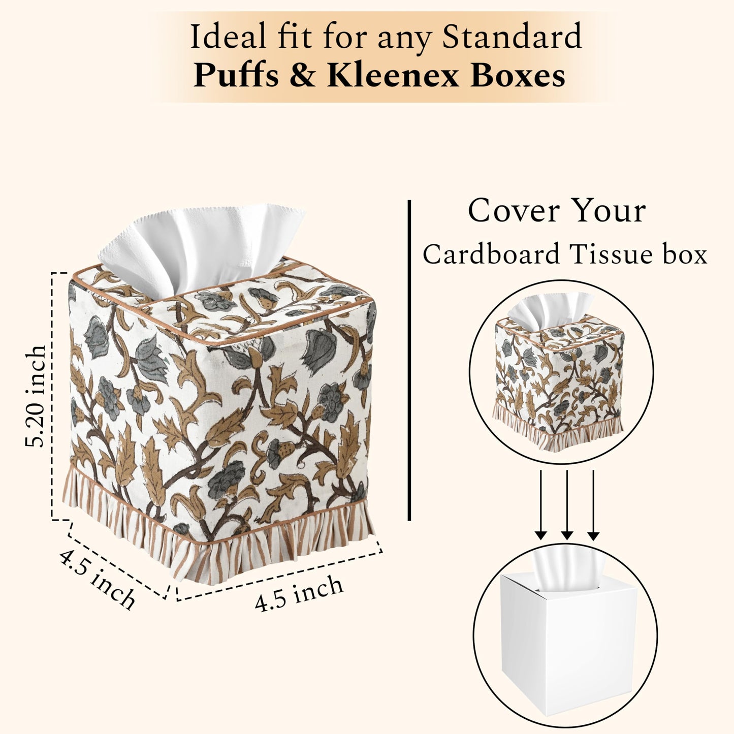 CPC Autumn Vine Hand Block Print Cotton Ruffle Tissue Box Cover 4.5"x4.5"x5"Inch, Square Decorative Tissue Holder Cover for Bathroom, Living Room, Bedroom, Home Décor, Vanity, Car Gift for Summer