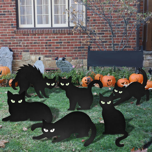 6 Pack Halloween Black Cat Yard Signs with Glowing Eye Stickers – Large Scary Cat Silhouette Decorations for Outdoor Lawn, Fence, Garden, Haunted House, Halloween Party Decor