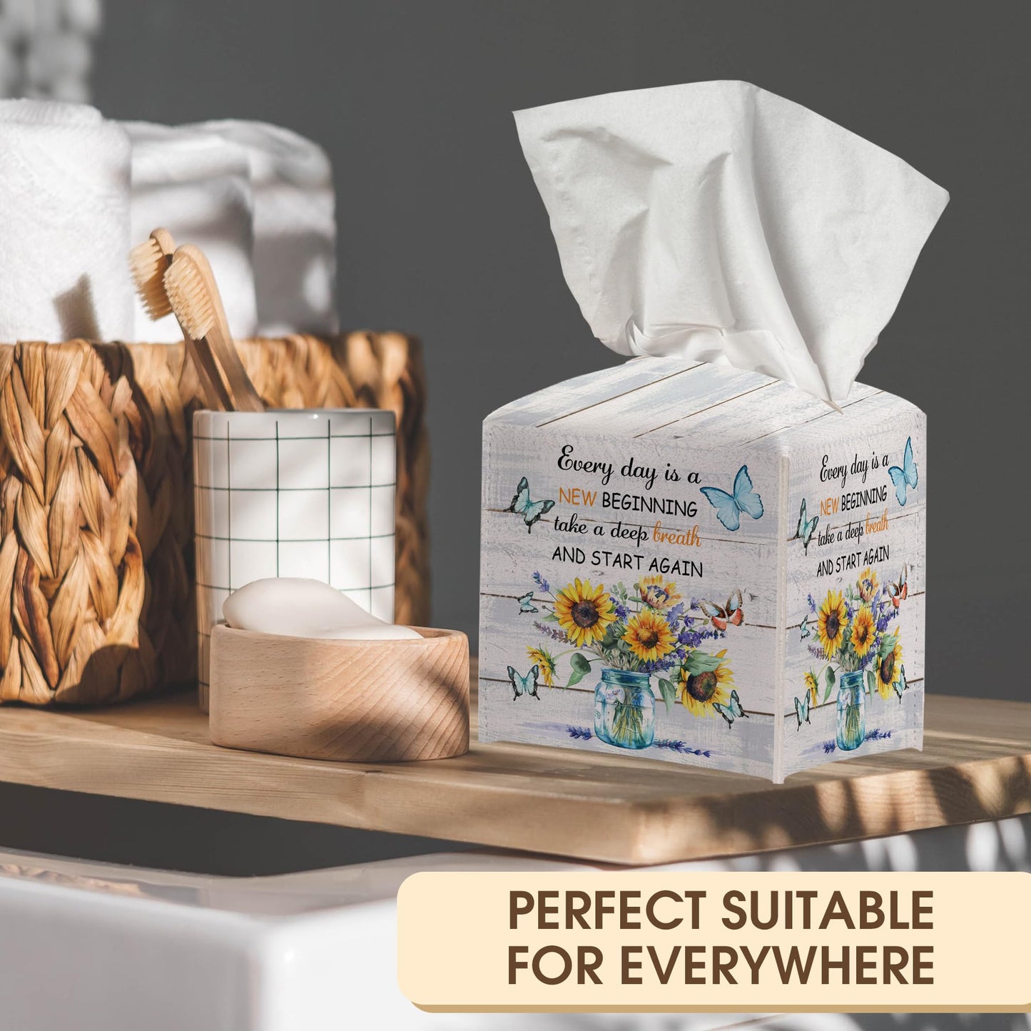 Floral and Butterflies Tissue Box Cover Holder, Tissue Box Cover Holder with Belt Bottom, New Beginnings Gift for Family Friends, Home Bathroom Table Decor-(5.2 Inches) A18