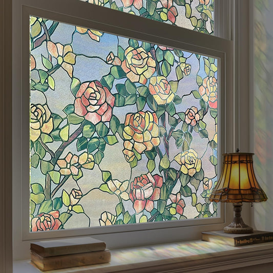 ADD.HERES Stained Glass Window Film, 3D Decorative Window Privacy Film for Bathroom,Front Door,Home, Sun Blocking Heat Control,Static Cling, The Beast's Rose 17.3inch x 47.2inch