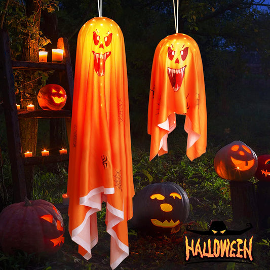 FUNIAO (New) 2 Pcs Halloween Decorations Outdoor, Spooky Ghost with String Lights, Halloween Haunted House Props Battery Operated for Porch, Tree, Patio, Yard, Front Door, Party - Orange