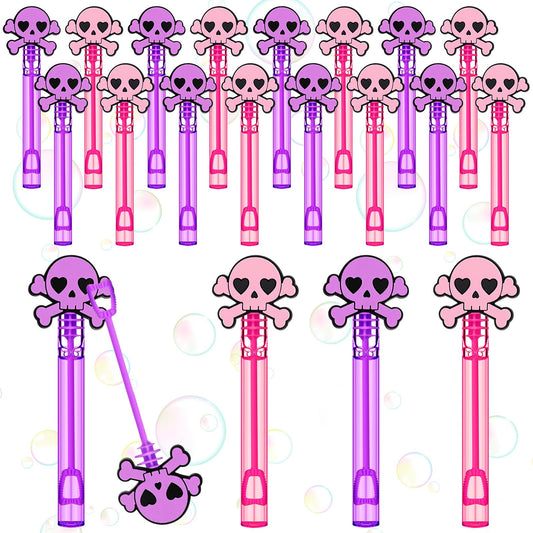 RoundFunny 24 Pcs Skull Mini Bubble Wands Skeleton Theme Party Supplies Favors Decorations Kawaii Cartoon Pink Purple Bubbles Sticks Wands for Birthday Party Goodie Gift Bag Outdoor Activity