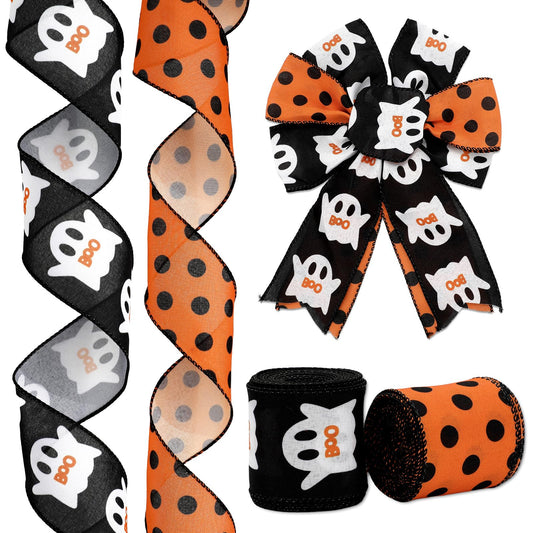 JarThenaAMCS Halloween Wired Edge Ribbon 2.5 Inch 20 Yards Orange Black Ghost Dots Ribbon Spooky Gift Wrap Ribbon for Bow Wreath Craft Party Decor, 2 Roll