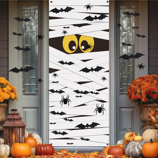 Breling 69 Pcs Cute Halloween Door Decorations, Mummy Door Cover Banner Large 71×29.6 Inch, 7 Different Sizes Black 3D Bats Spider Wall Decal Stickers for Garage Outdoor Home Decor