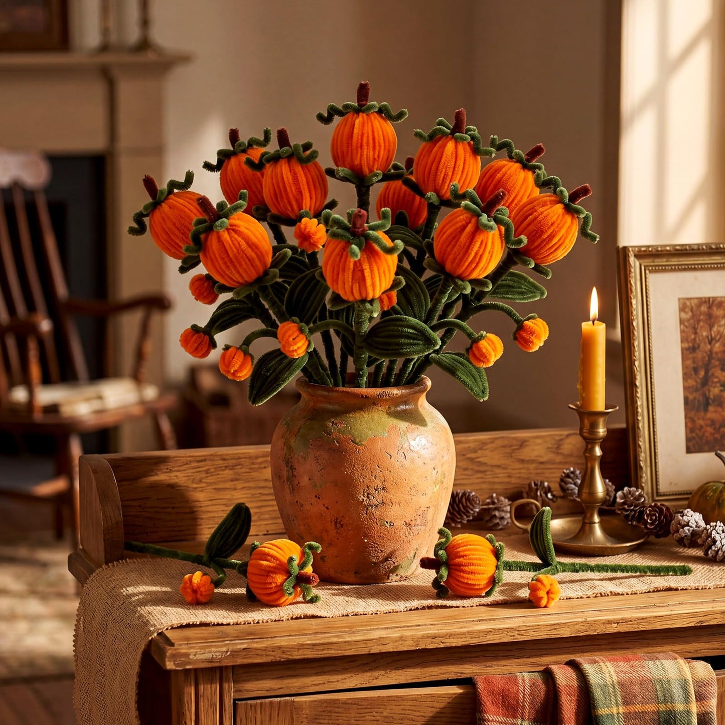 Wavyknot 12 Pcs Pipe Cleaners Fall Pumpkin Floral Picks 11.2'' Autumn Flower Branches Decorations Pumpkin Themed Table Centerpieces Decor for Harvest Halloween Thanksgiving Party Farmhouse Home Decor