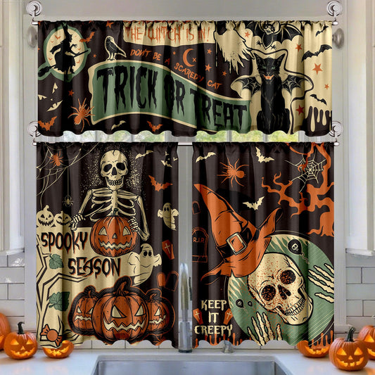 Breling 3 Pcs Halloween Kitchen Curtains Valances and Tiers Set for Windows Gothic Bats Skulls Witches Horror Decor Short Curtain Set for Bedroom Window Treatment Decor Party Favor Supplies