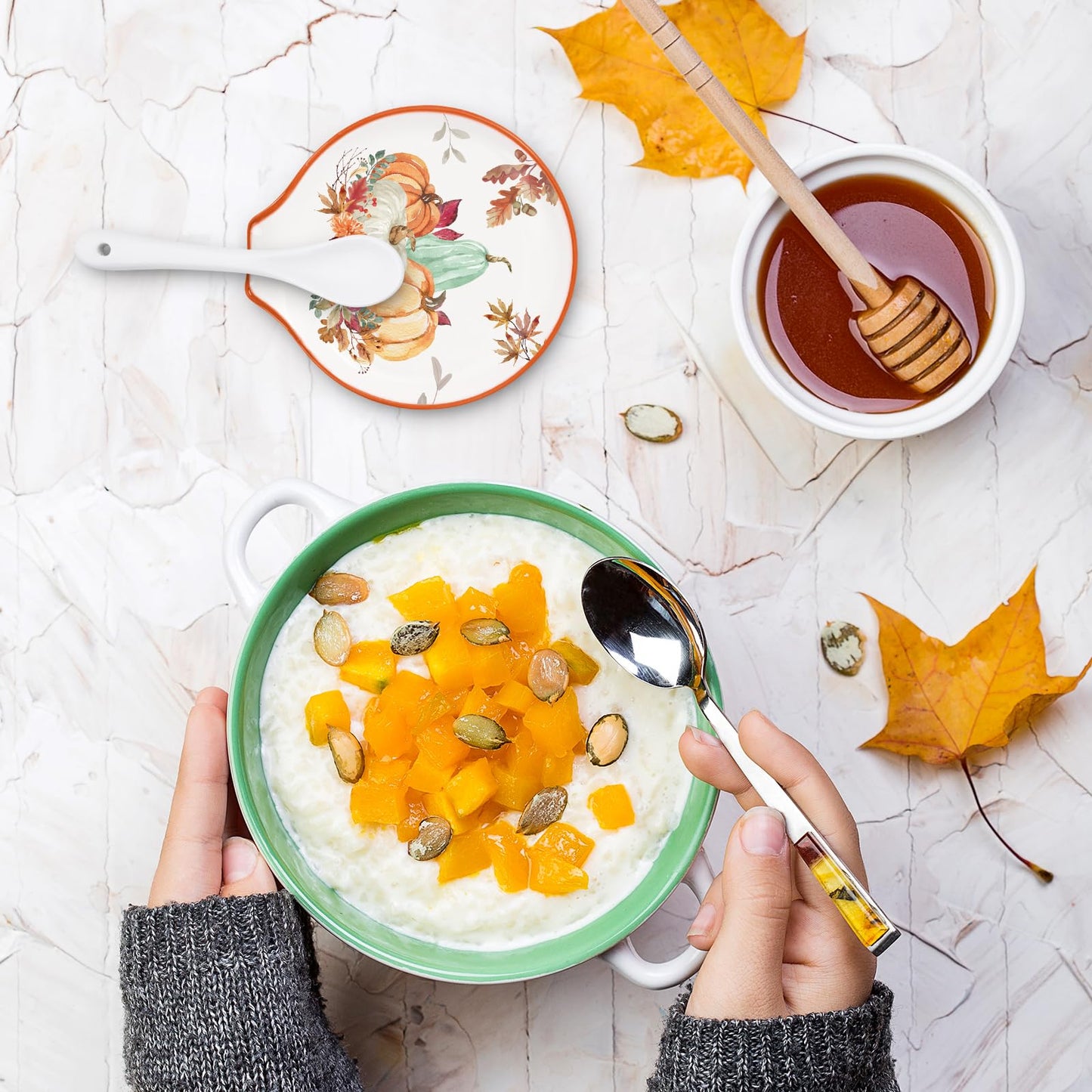 2 Pcs 4.7 Inch Fall Thanksgiving Ceramic Spoon Rest Autumn Floral Pumpkin Small Coffee Spoon Holder for Thanksgiving Coffee Stirrers Teaspoon Bar Spoon Bar Accessories