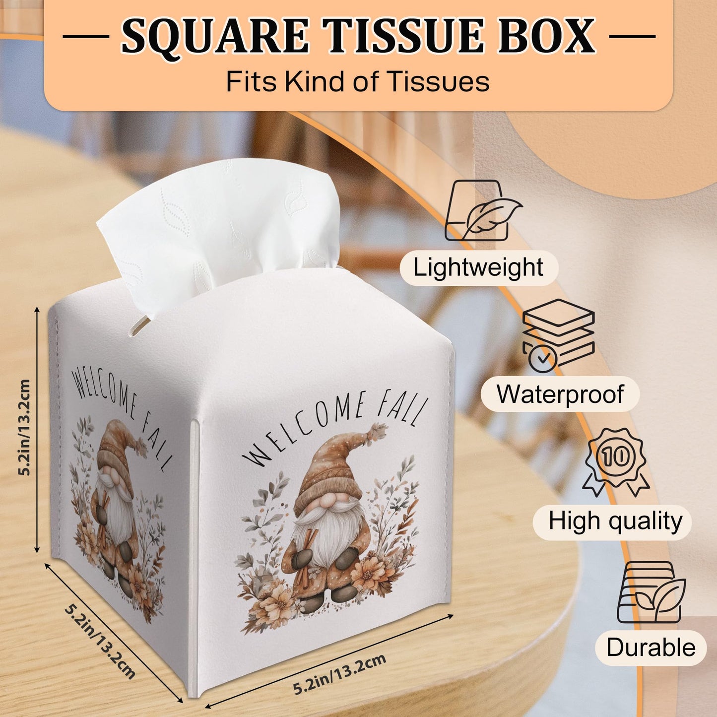 Welcome Fall Leather Tissue Box Cover, Gnome Floral Printed Tissue Box Cover, Aesthetic Decor Tabletop Living Room Vanity Office Farmhouse, Thanksgiving & Housewarming Gift for Women, Minimalist-B23