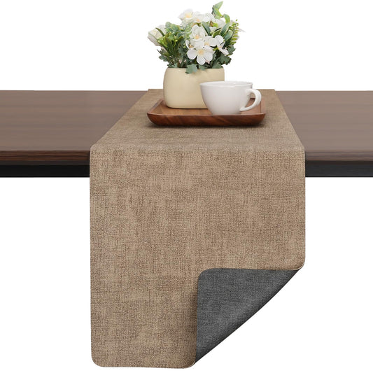 Chitomars Table Runners 72 Inches Long, Dual-Sided Faux Leather Farmhouse Table Runner Waterproof Heatproof Non-Slip for Living Room Party Home Decor Holiday Decorations(Gray Beige, 12 x 72 Inch)