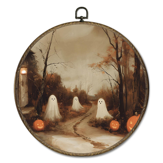 OINDADE Fall Halloween Ghost Round Wall Art Decor, Vintage Dark Cottagecore Ghost Wall Art Hanging Decor, Fall Halloween WallArt, Rustic Ghosts Framed Canvas Artwork for Living Room Home, 10x10in