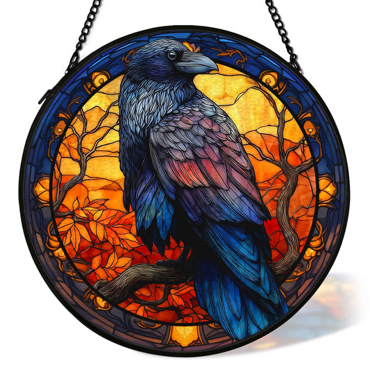 cvjutf Fall Black Raven Crow Suncatcher Stained Glass Window Hanging Decor, Halloween Dark Cottagecore Stained Glass Wall Decor, Gothic Garden Sun Catchers Indoor Window Hanging Wall Art, 7.9x7.9In