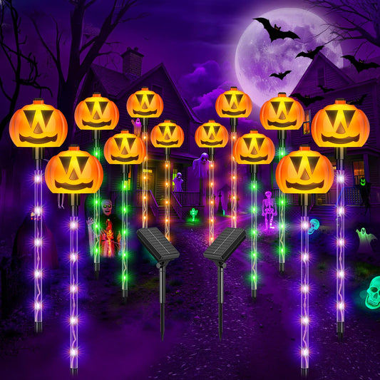 2025 Upgraded 12 Pack Halloween Solar Pumpkin Lights Outdoor Decorations, 8 Modes Waterproof Halloween Pathway Stake Lights with 84 Colorful LEDs, Pumpkin Decor for Garden, Yard, Party, Multicolor