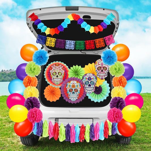 Panelee Halloween Trunk or Treat Car Decorations Kit Car Archway Garage Decoration Día De Muertos Halloween Car Decor with Banner Paper Fans Balloons Tassel for Outdoor Door Garage Themed Party