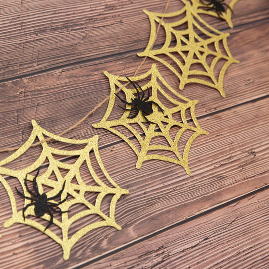 Halloween Spider Web Garland – Gold Glitter Spider Web Banner with Black Spider, Halloween Decoration Indoor, Spider Web Banner for Fireplace Mantle, Halloween Wall Decor Hanging Banner