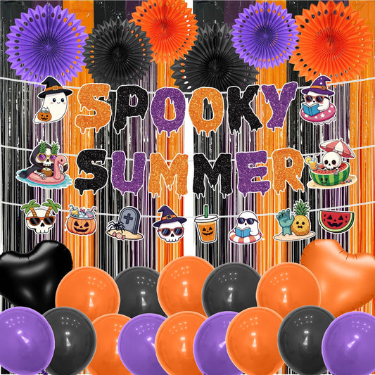 Gameza Summer Halloween Party Decorations - 27PCS Spooky Summer Halloween Banners Paper Fans Balloons Fringe Curtain Decor, Ghost Ween Vibes Holiday Party Supplies
