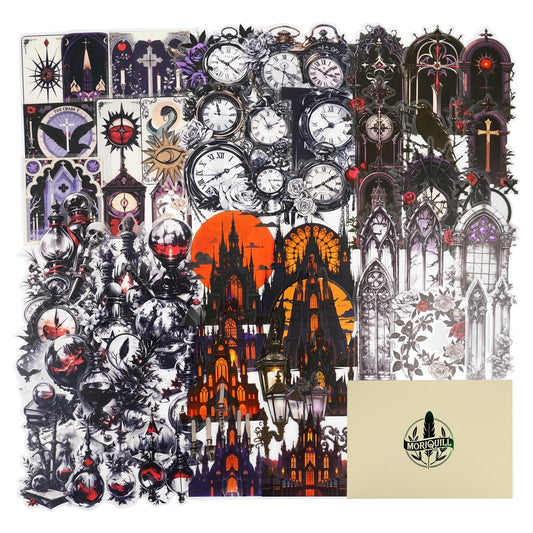Moriquill 90PCS Gothic PET Stickers Set – Waterproof Die-Cut Stickers with Vampire Castles Clocks Tarot Potions for Scrapbook Journal DIY Cards Planners Halloween Crafts