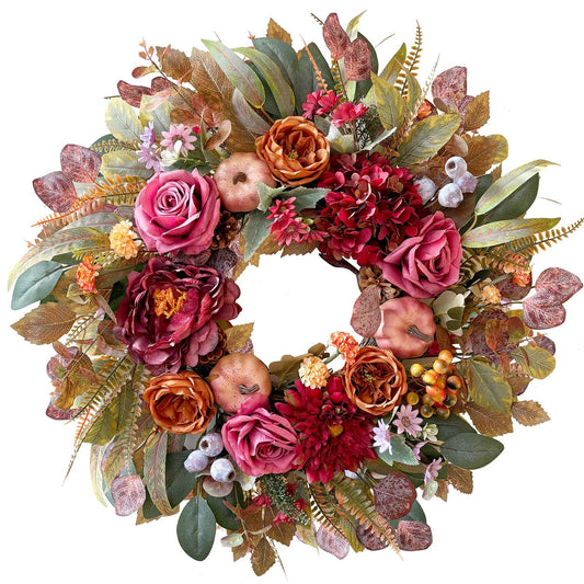 WANNA-CUL 24 Inch Fall Floral Wreath for Front Door with Roses Dahlias Hydrangeas&Pumpkins, Artificial Autumn Harvest Wreath Thanksgiving Farmhouse Decor for Table Wall Mantel Window Indoor Outdoor